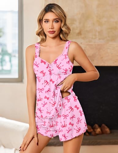Image of Ekouaer Womens Pajama Sets 2 Piece Cute Pj Set Lace V Neck Tank Top and Shorts Sleepwear Soft Sexy Lingerie Bridal Nightwear