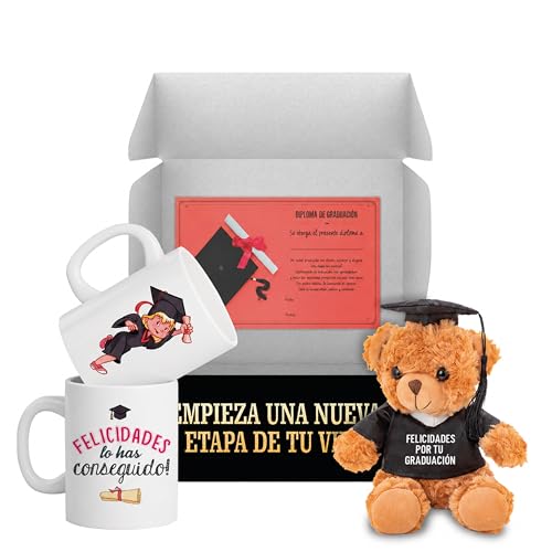 LINFORMAL Pack presente de graduação para menina, presente de graduação original com caneca de graduação e ursinho com t-shirt 'Feliz graduação', detalhe para graduação, ESO, Bacheifo, ou universidade