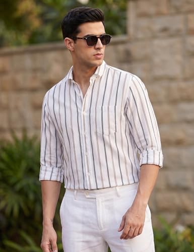 Image of IndoPrimo Men's White Striped Slim Fit Casual Shirt | Premium Cotton Full Sleeve Button-Down Shirt with Chest Pocket | Stylish Office