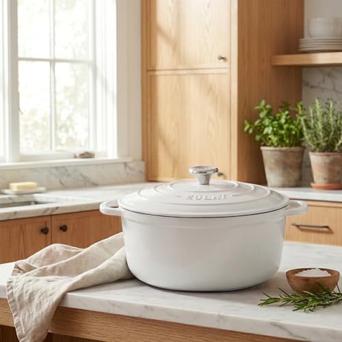 Image of Zulay Kitchen 7.7 Quart Enameled Cast Iron Dutch Oven Pot with Lid - Premium Durability & Oven Safe up to 500F - Heavy Duty Cookware Perfect for Bread Baking, Stews, Braising & Roasting - White