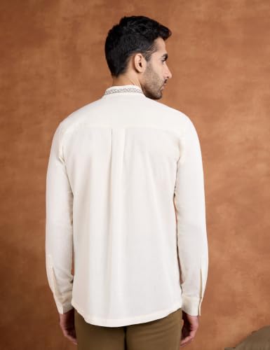 Image of Amazon Brand - Symbol Men's Cotton Blended Full Sleeve Kurta| Regular Fit | Ethnic Motif Embroidery Mandrin Collar| Front Full Open | Available in Plus Sizes
