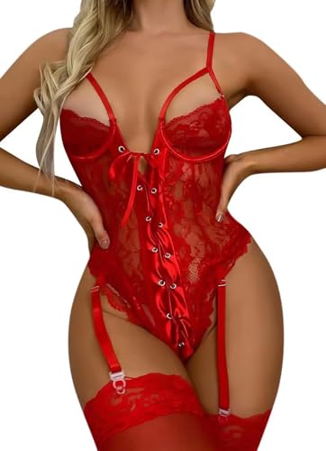MIZSPISE Ensemble De Lingerie à Bretelles Sexy En Dentelle Pour Femme Corsage Transparent Lingerie Teddy Catsuit avec Porte-Jarretelles String Vêtements De...