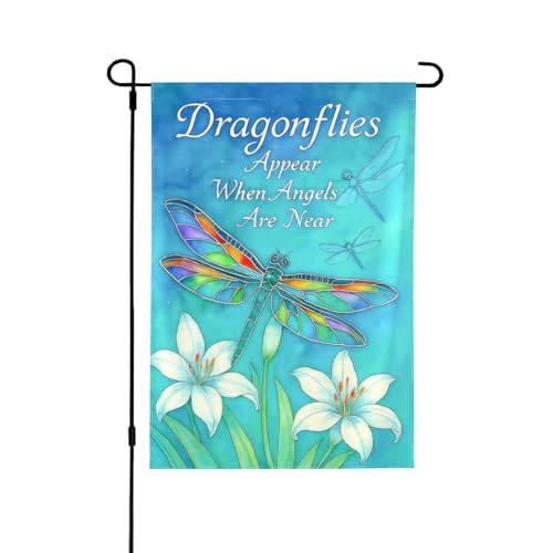 GXVLHQY Welcome Spring Summer Garden Flag 12x18 Double Sided Dragonflies Appear When Angels Are Near Flags for Yard Outdoor Decor, Small Seasonal Banners for Home Patio Lawn (Flag Stand Not Included)