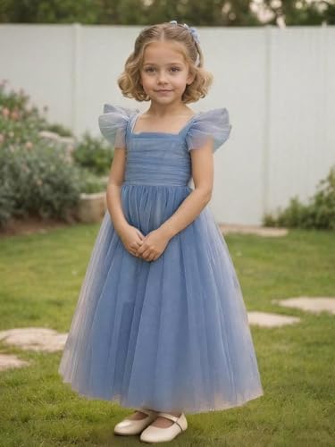 Sparkly Tulle Flower Girl Dress Elegant Square Neck Ruffle Sleeves Princess Girls Wedding Party Long Ball Gowns3