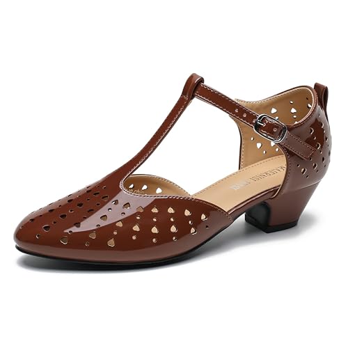 Image of MAIERNISI JESSI Women's T-Strap Mary Jane Pumps, Low Block Heel, Closed Toe, Buckle Ankle Strap