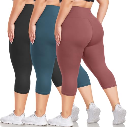 NEW YOUNG 3 Pack Plus Size Leggings for Women X-Large-4X,Capri Leggings High Waisted Tummy Control Soft Yoga Pants for Workout Running