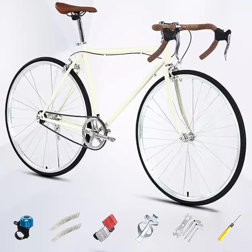 【Bici da Strada Retrò】: l'intera bici adotta proporzioni leggere ed è realizzata in materiale di acciaio ad alto tenore di carbonio bianco puro. Ha una resistenza e una durezza migliori della lega di alluminio, può sopportare una maggiore pressione e impatto e non è facile da deformare. Il telaio pesa solo 2,5 kg e l'intera bici pesa 11 kg.