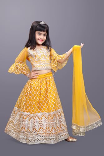 Image of Girl's Princess Lehenga Choli Set - Soft Net, Ribbon Embroidery With Duppata, Readymade