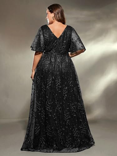 Image of Plus Size Women's V Neck Ruffles Flutter Sleeve Embroidered Lace A Line Maxi Dress for Wedding Party Evening