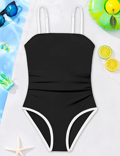 Image of Shallmu Girls One Piece Swimsuits Color Block Dual Crossback Straps with Cover Up Skirt Girl's Swimwear 9-16Y