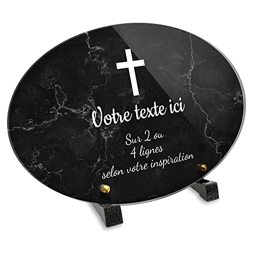 OCAP-FUNERAIRE.COM Plaque funéraire Ovale Personnalisable en plexi Motif Croix Chrétienne, différentes Tailles, épaisseur 6mm, personnalisée sur Plusieurs Lignes 30x20 cm