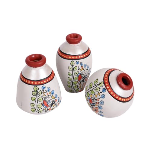 Image of Aakriti Art Creations Vase Earthen Miniatures Silver Madhubani Set of 3 | Hand-Painted Terracotta Flower Vases | Matte Finish Decorative Vases for Living Room, Table Decor & Gifting