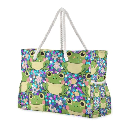 Fake Sequin Glitter Purple Frog Bags For Women Waterproof Sandproof with side pockets Large Pocket Tote Bag for Travel Gym Vacation