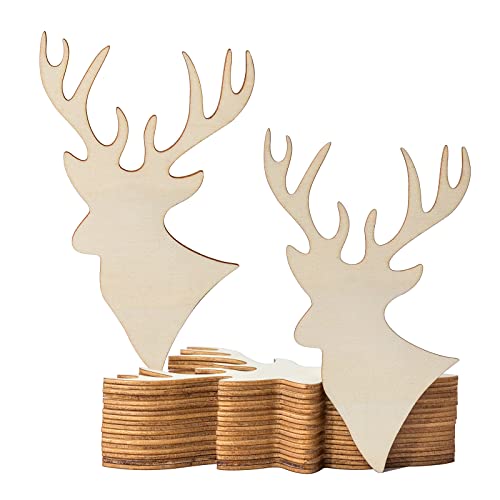Deer Head Wooden Blank Wood with Art Unfinished Ornaments for Christmas Wedding Birthday Party Thanksgiving Day Decoration 20Pcs