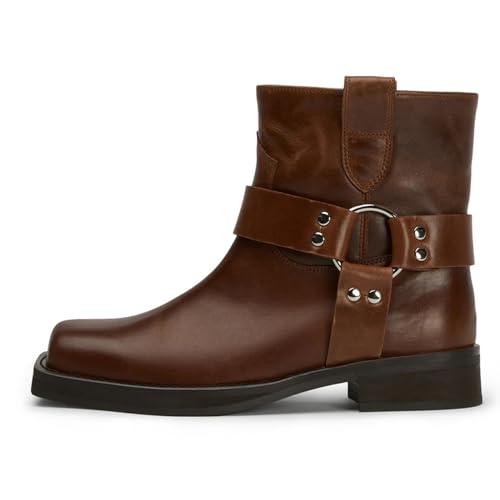 Ankle Boots for Women, Buckle Hardware Biker Boots with Square Toe Chunky Heel Slip On Fashion Engineer Boots