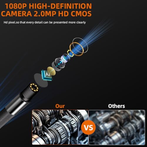 Image of Two-Way Articulating Borescope, 1080P HD Industrial Inspection Endoscope Camera with 8 LED Lights, 5ft Semi-Rigid Flexible Snake Probe, IP67 Waterproof for Automotive, HVAC, Plumbing Repair Tools
