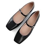 LUXINYU Mary Jane Shoes for Women Leather Flats Square Toe Adjustable Ankle Strap Ballet Dance Shoes Comfortable School Uniform Shoes,Black 9