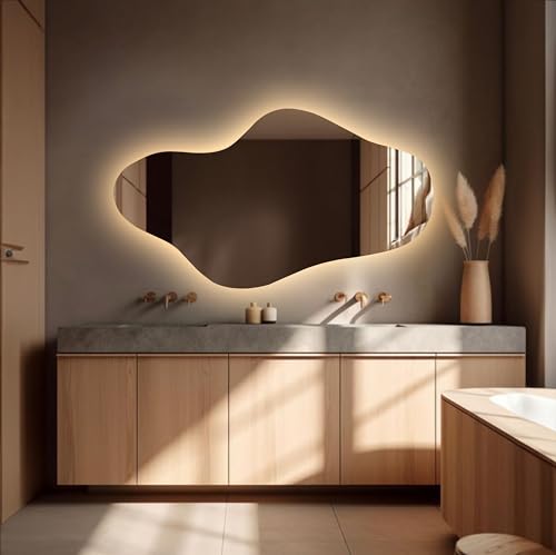 KT WALL ART Asymmetrical Led Lighted Mirror for Bathroom, Irregular Vanity Mirror with Lights, Washbasin Backlit Led Illuminated Wall Mirror (Warm Ligth, 13.4