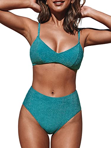 CUPSHE Bikini Sets for Woman Two Piece Swimsuits High Waisted Adjustable Straps Back Hook V Neck