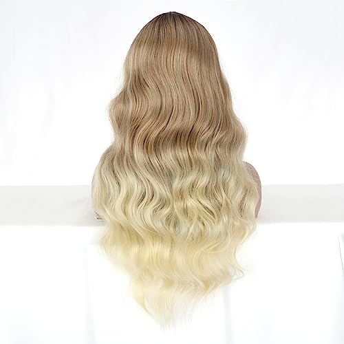 PORSMEER Long Brown to Blonde Highlighted Wigs for Women Ladies Ombre Blonde with Dark Roots Middle Part Natural Looking Loose Wave Synthetic Hair Wig for Everyday or Halloween,26inch - Image 3