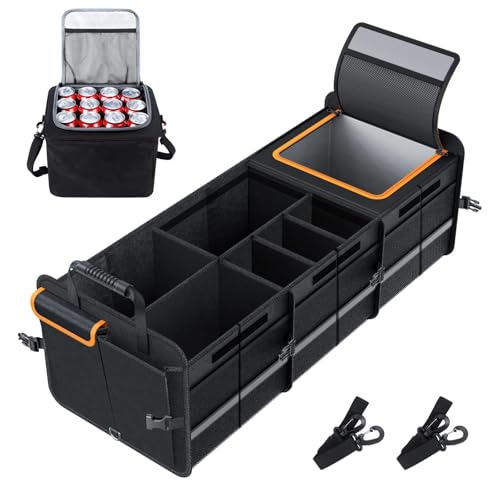 interior, Tools Organizador de Maletero Grande de Coche, con Bolsa Refrigeradora Negra, 2 Correas de Amarre Y 4 Particiones, Organizador de Cajuela para Auto, Cubierta...