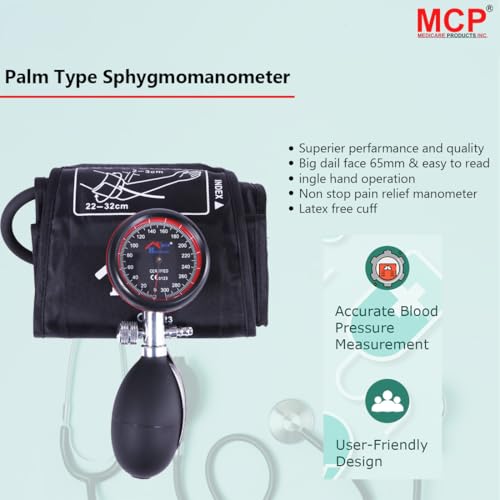 Image of MCP Healthcare Palm Type Aneroid Blood Pressure Monitor Sphygmomanometer with Latex-Free Cuff - Professional Manual BP Monitor for Accurate Readings (Black)