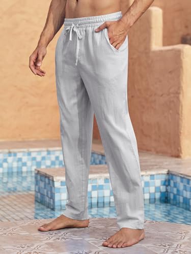 Image of PASLTER Mens Cotton Linen Pants Casual Summer Beach Pants Dress Trousers | Loose Fit, Elastic Drawstring Waist, Lightweight, Straight-Legs, Slacks, Yoga, Work, Vacation, Quick Dry
