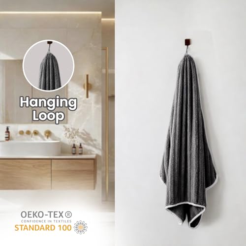 Image of MAXOSHINE Microfiber Towels for Bath-Stripes Bath Towel for Men and Women-Soft Coral Fleece Zero Twist Towel with Hook 400 GSM Quick Dry Super Absorbent-70 x 140 cm (1, Gray)