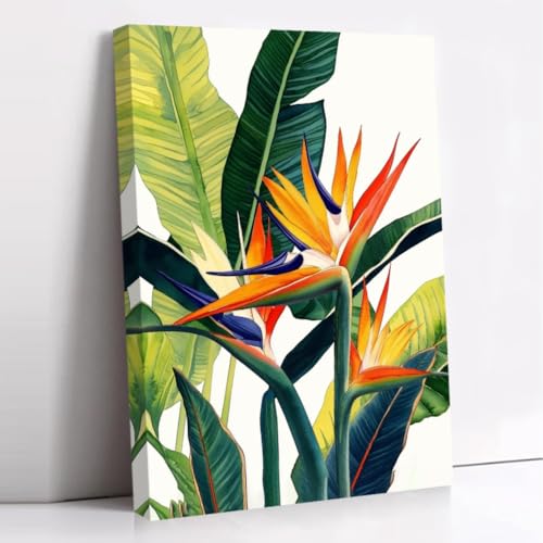 CCWORKERRY Bird Paradise Picture Wall Decor Colorful Tropical Flowers Canvas Prints Botanical Floral Paintings Home Decorative Artwork Framed(White,16' x 24')