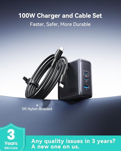 Image of INIU 100W GaN USB C Charger, 3-Port Compact Fast Charging Block with 5ft 100W USB C Cable, Foldable Travel Laptop Charger for MacBook Pro Air 15 14, iPhone 17 16 Pro Max Samsung S26 S25 Dell etc White