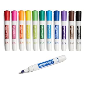 Amazon Basics Dry Erase Whiteboard Markers, Chisel Tip, Low-Odor, Assorted Colors, 12-Pack, Erase Easily