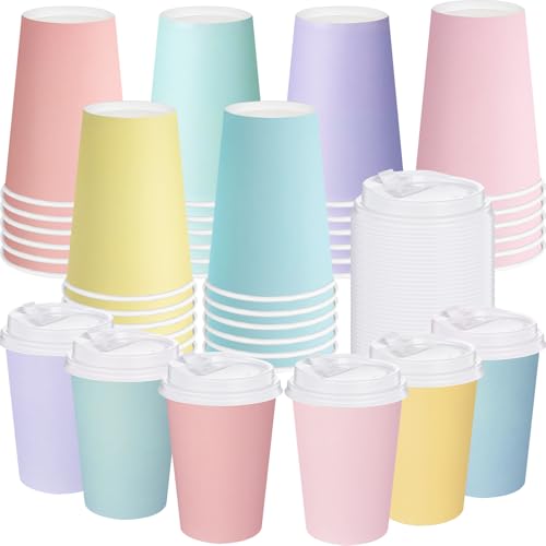 Jingmore 30 Pcs Pastel Disposable Coffee Cups with Lids 12 oz Pastel Rainbow Color Paper Drinking Mug for Summer Beverage Chocolate Tea Holiday Table Decorations Party Supplies