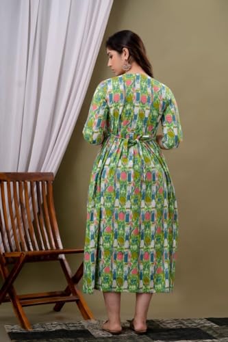 Image of Amazon Brand - Tavasya Women Botanical Floral Printed Maternity Midi Dress | Round Neck | 3 /4 Ruffle Sleeves | Concealed Feeding Zip | Gathered Tiered Nursing Dress