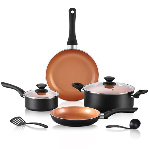 Image of BECIGAR 8pcs Gold Ceramic Pots and Pans Set, Cooking Pan Set,Cooking Pot Set Ceramic Pan Set, Nonstick Cookware Set, Induction Safe Kitchen Cooking Set with Frying Pans, Saucepans, shovel and Ladle