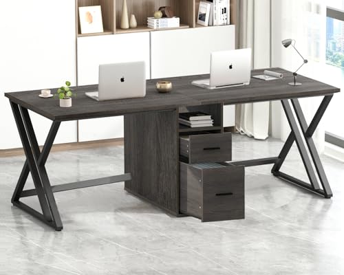 LVB - computadora extra largo para 2 personas, computadora grande rústico para computadora con cajón de archivos, computadora doble de madera industrial con estante para gabinete de almacenamiento,