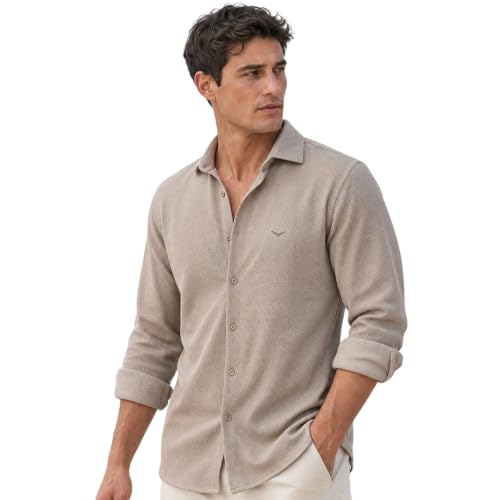 Image of Nobero Textured Popcorn Shirt for Men | Cotton Shirts for Men in 280 GSM Popcorn Knit | Stand Collar | Regular Fit | Full Sleeve