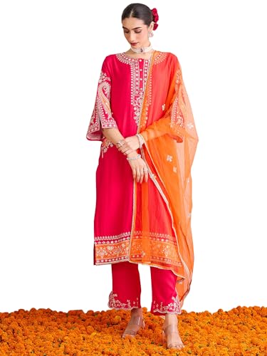 Image of INDO ERA Women's Silk Blend Embroidered Straight Kurta Pant with Dupatta