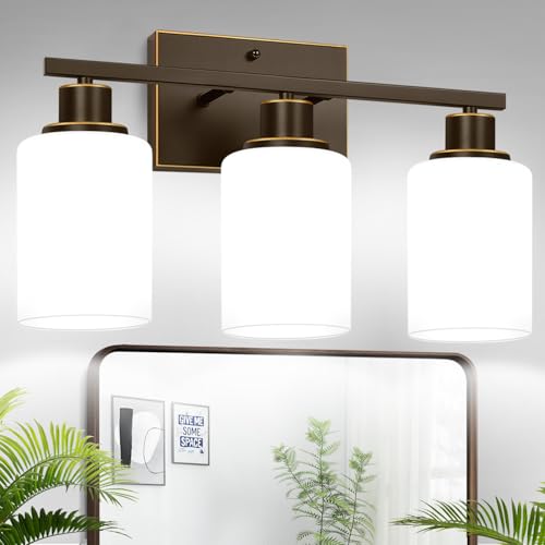 Image of 3-Light Bathroom Light Fixtures, Vanity Light with Milky White Shades, Oil-Rubbed Bronze Bathroom Light Fixtures Over Mirror, Modern Bathroom Wall Lamp for Mirror Living Room Cabinet Bedroom