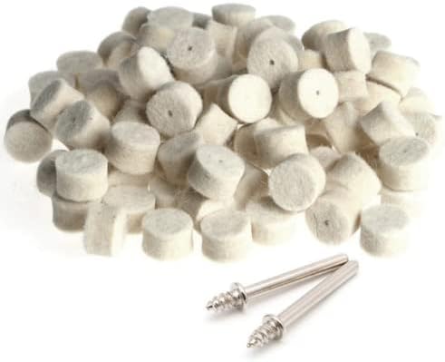 Drilax 100 Pcs 1/2 x 3/8 inch Wool Felt Polishing Buffing Pad Included 2 Screw Mandrels 401 Compatible Dremel 414 Polishing Wheel Buffing Rotary Tools Attachment
