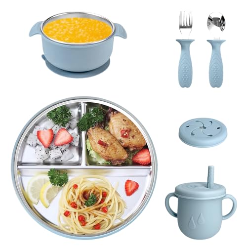 Set di stoviglie per bambini, in acciaio inox, ciotola, tazza per imparare a bere, cucchiaio, con ventosa in silicone...