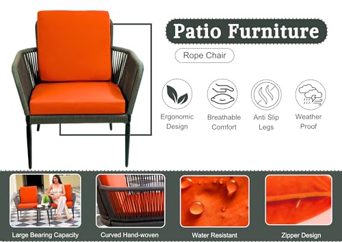 Image of DEVOKO 3 Piece Patio Outdoor All Weather Grey Rope Chair Bistro Set Furniture with Orange Cushions for Balcony, Garden, Backyard, Porch