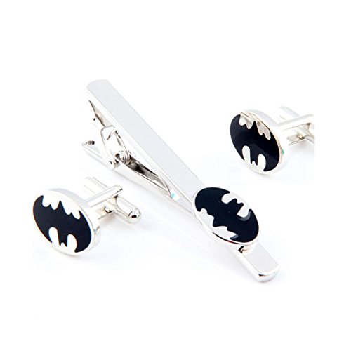 Covink Round Superhero Batman Cufflinks and Tie Clip Men's Rhodium Plated Wedding Business Cufflinks Set