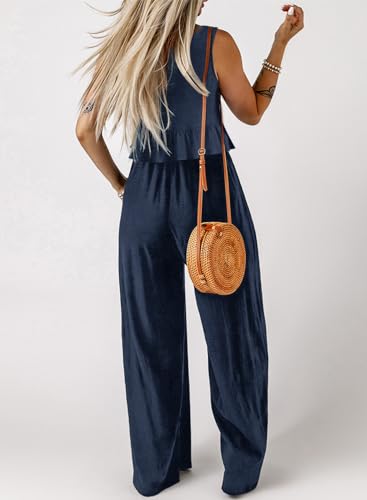 Image of Dokotoo Womens 2 Piece Outfits Tank Tops Elastic Waist Wide Leg Pants Sets | Sleeveless,Wide Leg,Loungewear Set,Cruise Travel Outfits,Beach Vacation Clothes,With Pocket