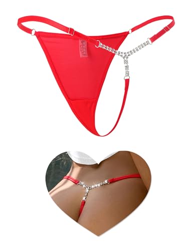 comeondear Tangas Sexy Mujer Tanga de Hilo con Strass Mini String Tangas Mujeres Cintura Baja Ajustable Talla Grande Thong Slip Diamante Bikini Bragas Malla Ropa Interior Mujer Navidad 1 Rojo,M L