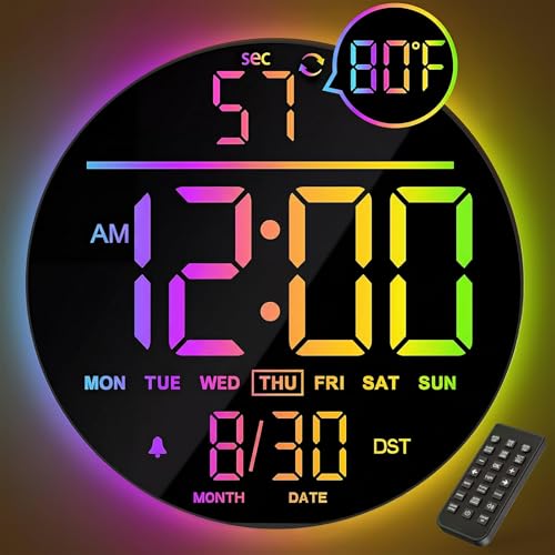 JALL 10' Large Digital Wall Clock with Seconds, Alarm Countdown Timer, Big LED Display, RGB Color, DST, Temperature, Mounted for Bedroom Living Room Office Classroom Gym, Xmas Birthday Gift, RGB