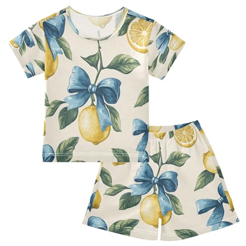 Pajama Sets Short Sleeve Lemon Blue Ribbon Pattern Soft Cotton Summer Sleepwear 2 Piece PJS Size 5-14T