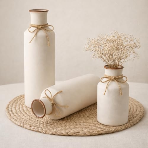 Image of Sphinx White Ceramic Vase Set - 3 Vases, Minimalist Decor Boho Vases, Modern Farmhouse Home Decor Accents, Living Room Centerpieces for Home Decor Room,Entryway, Bookshelf, Mantel, Shelf Decor