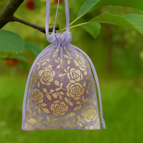 Image of XCLUSY 20PCS (10X14CM)(4x6 inchINCH) Potli Bags for Gifting - Multipurpose Wedding Return Gift Bags | Party Favour, Birthday, Anniversary, Festive Packing Pouches | Organza, Cloth, Brocade, Fancy Luxury Goodie Bags (PURPLE PRINTED, 1 Count(Pack of 20))