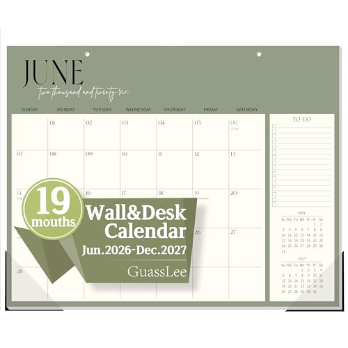 Guasslee Desk Calendar 2026-2027(Jun. 2026 - Dec. 2027) 19-Month School Year Compact Desktop & Wall Calendar 14 x 11 Thick Paper Monthly Planner for Small Space Home Office Dorm & School