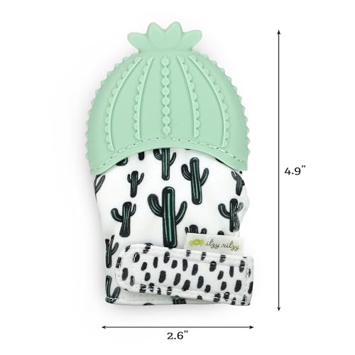 Image of Itzy Ritzy Silicone Teething Mitt - Soothing Infant Teething Mitten with Adjustable Strap, Crinkle Sound & Textured Silicone to Soothe Sore & Swollen Gums - For Ages 3 Months & Up (Cactus)